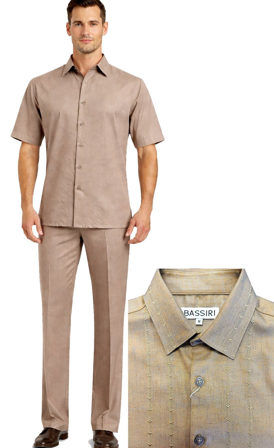 Man wearing the Bassiri Gold 2pc Set A 146 by Bassiri—a light brown short-sleeve button-up shirt with matching pants; close-up inset highlights the collar and stitched detailing near the buttons.