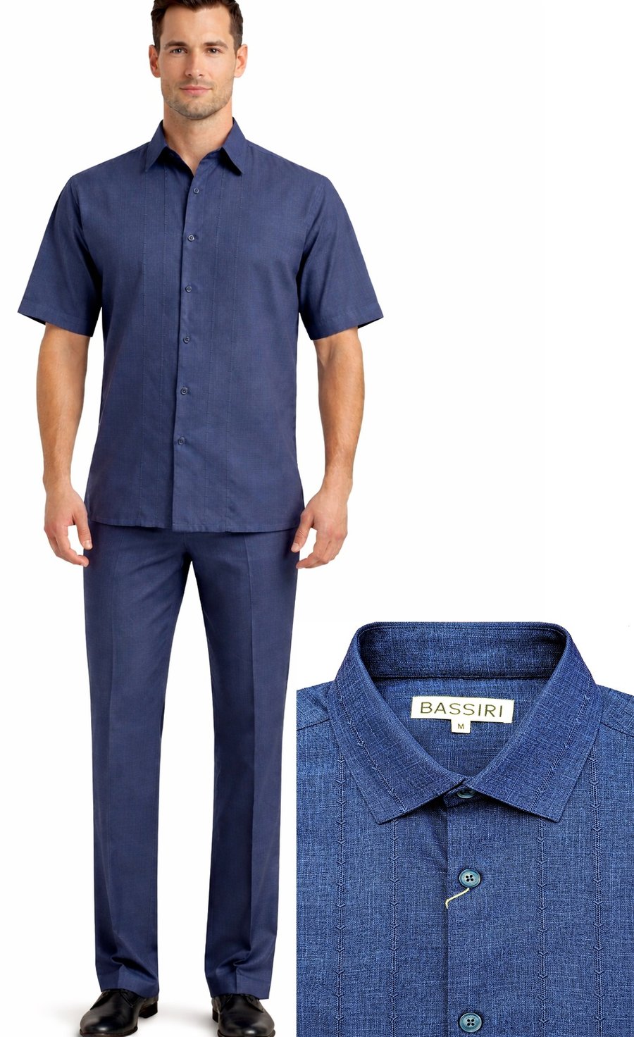 A man wears the Bassiri Navy 2pc Set A 146—blue short-sleeve button-up shirt with matching pants; an inset shows a close-up of the Bassiri shirt’s collar and buttons.