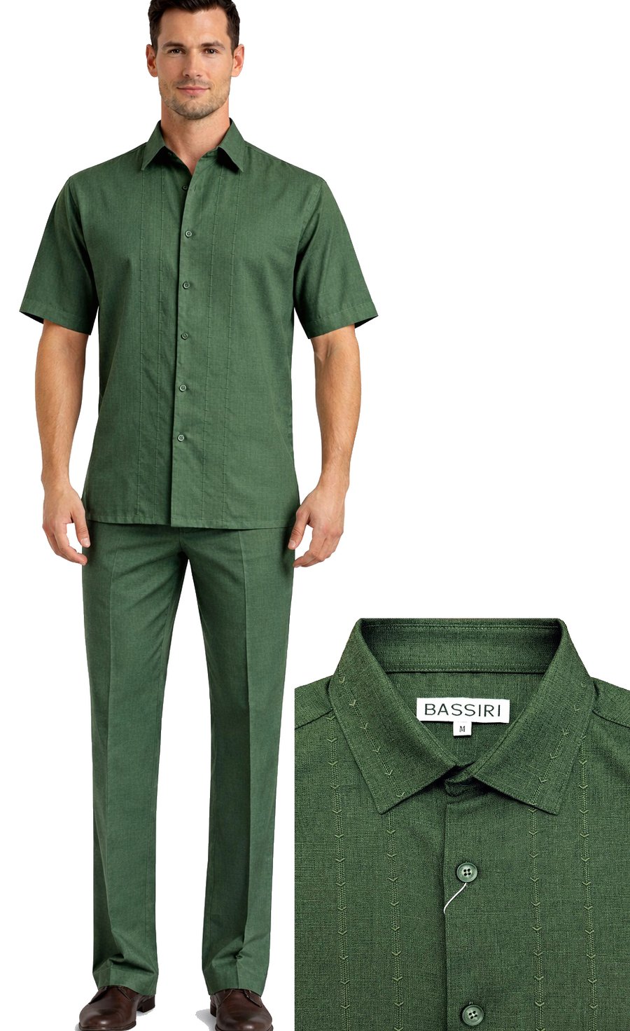 Man wearing the Bassiri Olive 2pc Set A 146—short-sleeve, button-up green shirt and matching pants. Close-up shows shirt collar and "BASSIRI" label.