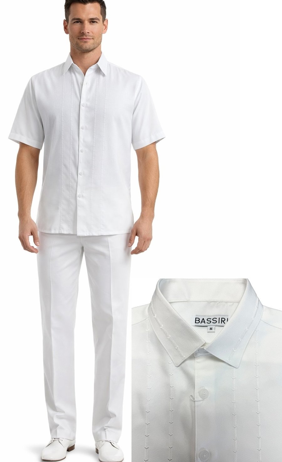 A man wears the Bassiri White 2pc Set A 146; a close-up inset highlights the shirt collar with the Bassiri label.