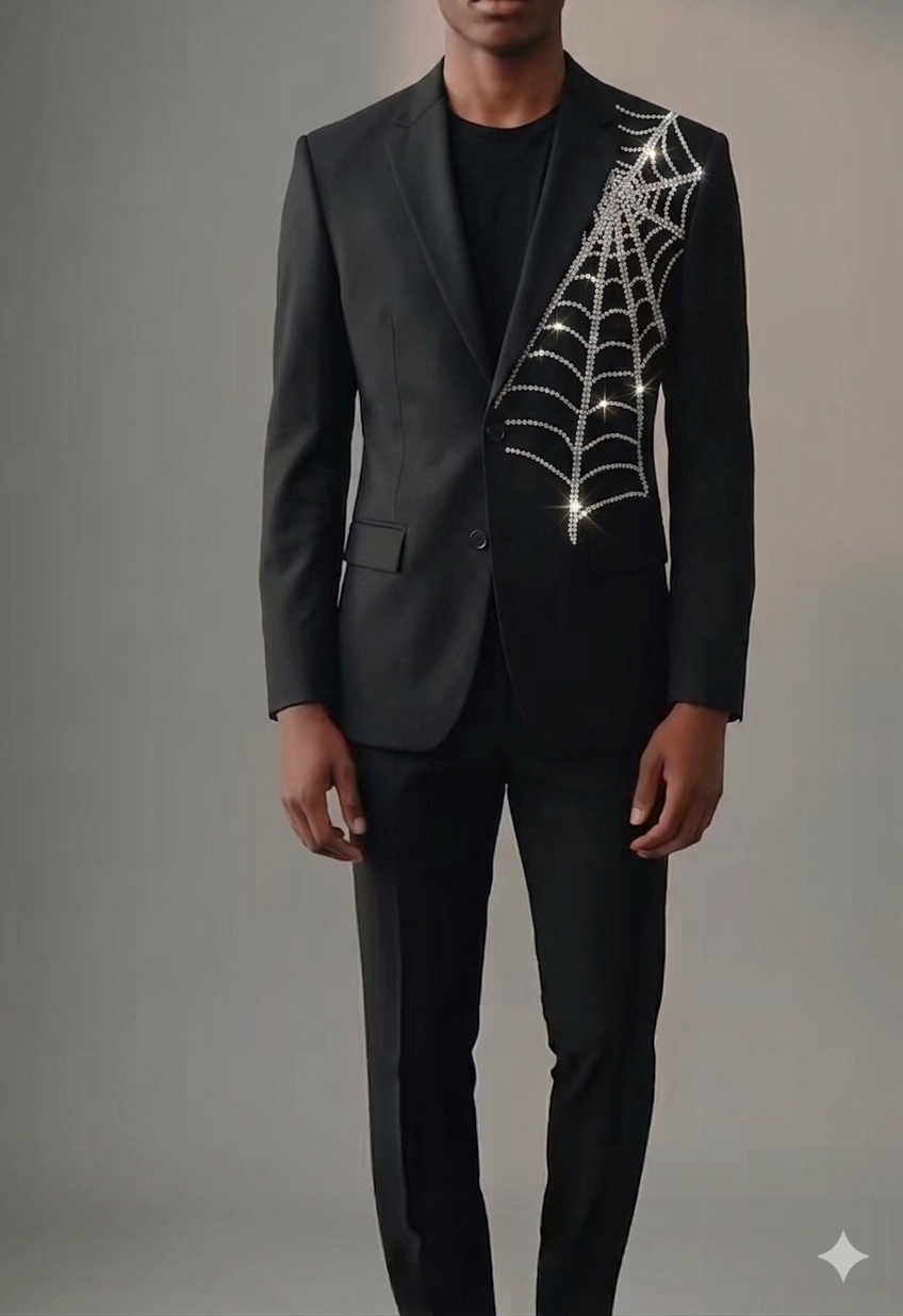 A person wears the Unique Design Menswear Custom prom suit featuring a clear spider web design on one shoulder, standing against a plain background.
