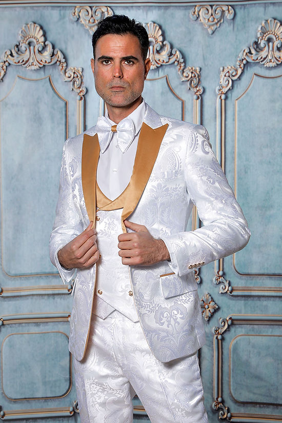 MANZINI ARMANI 3-Piece Slim Fit Satin Filigree Pattern White/Gold - Main Image