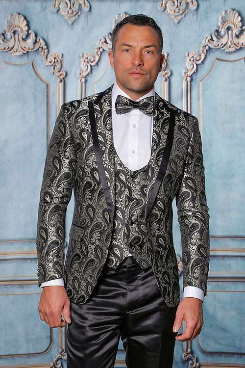 MANZINI ASHER 3-Piece Slim Fit Shiny Satin Paisley Black Tuxedo