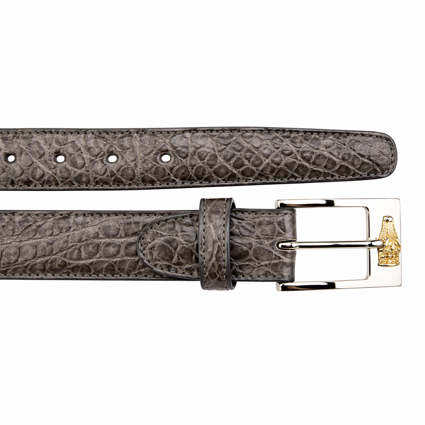 The BELVEDERE Belvedere Alligator Belt Gray 2008 features genuine alligator leather in gray with a crocodile pattern, a gold-tone rectangular buckle, and multiple adjustable holes, shown flat on a white background.
