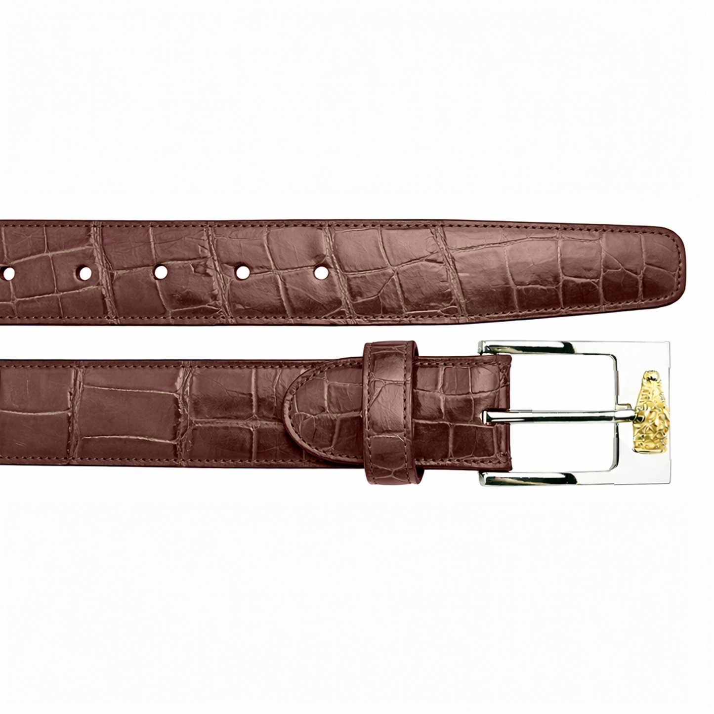 The Belvedere Alligator Belt Peanut 2008 by BELVEDERE is a stylish brown belt with crocodile-pattern leather, silver rectangular buckle, gold accent, and adjustable fit. Available in size 44.