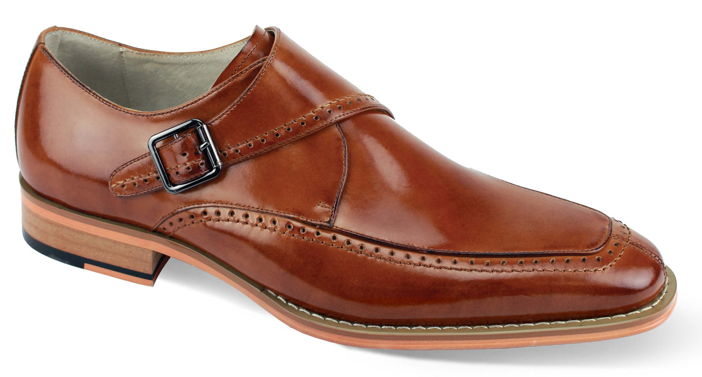 The Giovanni Amato Tan Leather Shoes by GIOVANNI showcase a single monk strap, perforated detailing, and a wooden heel.