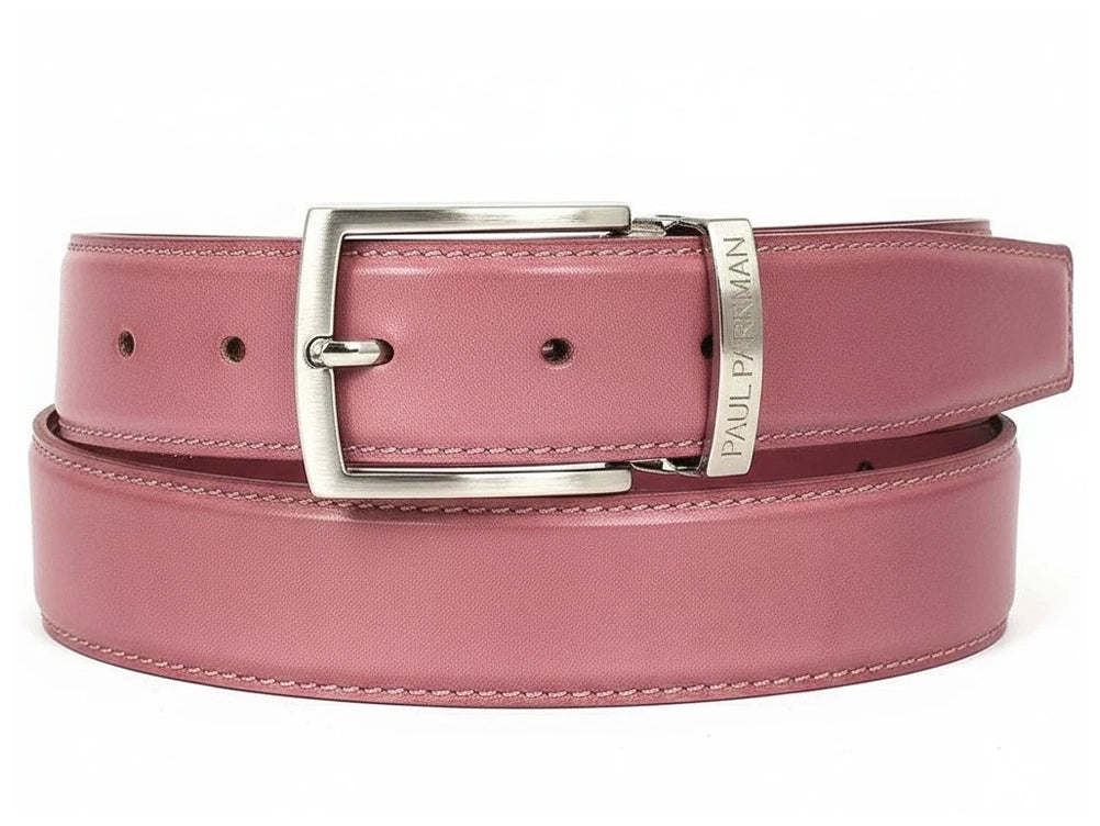 The Paul Parkman Men's Handmade Leather Belt Hand-Painted Pink B01-A is a luxury pink leather belt with a silver buckle and a "Paul Parkman" engraved metal accent by Paul Parkman.