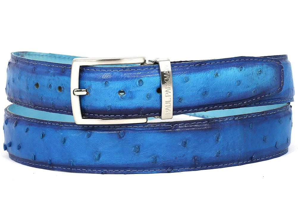 The Paul Parkman Men's Handmade Genuine Ostrich Skin Belt in Ocean Blue B04 features a silver buckle with the brand name, showcasing visible ostrich texture and exceptional craftsmanship.
