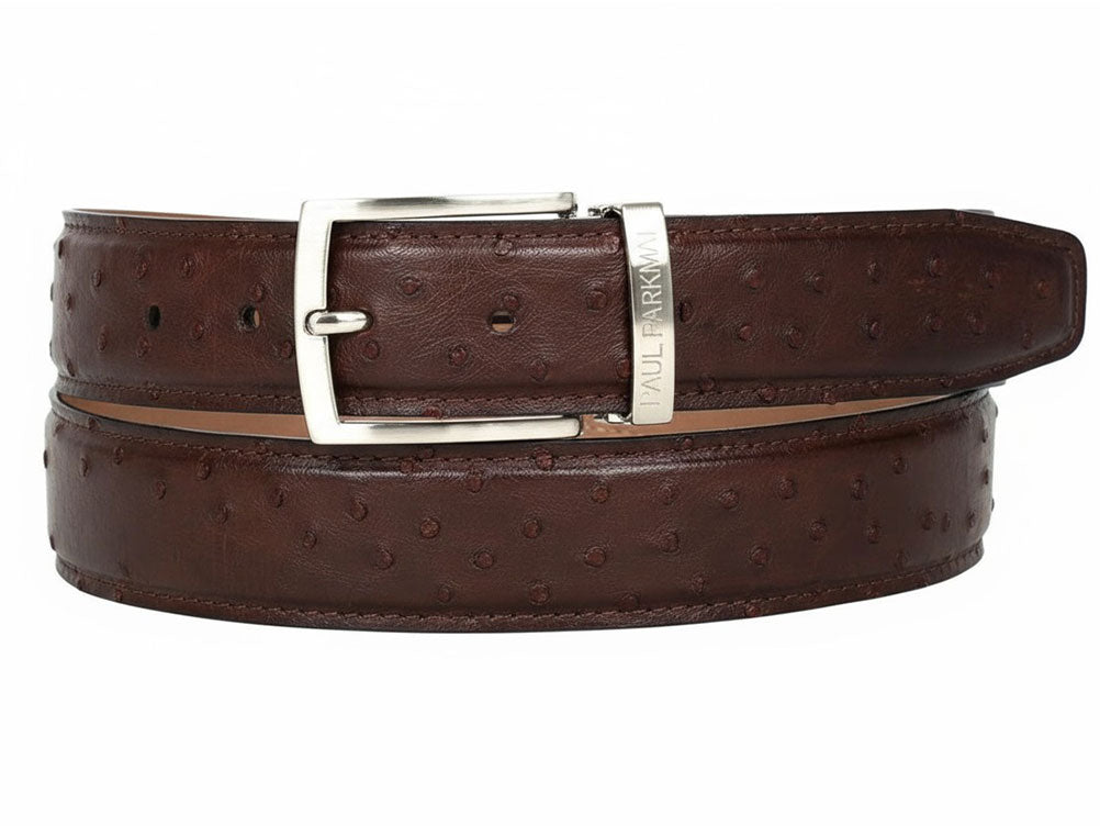 The Paul Parkman Men's Handmade Genuine Ostrich Skin Belt Brown B04 features an ostrich pattern, genuine brown leather, a silver rectangular buckle, and highlights the expert craftsmanship of Paul Parkman.