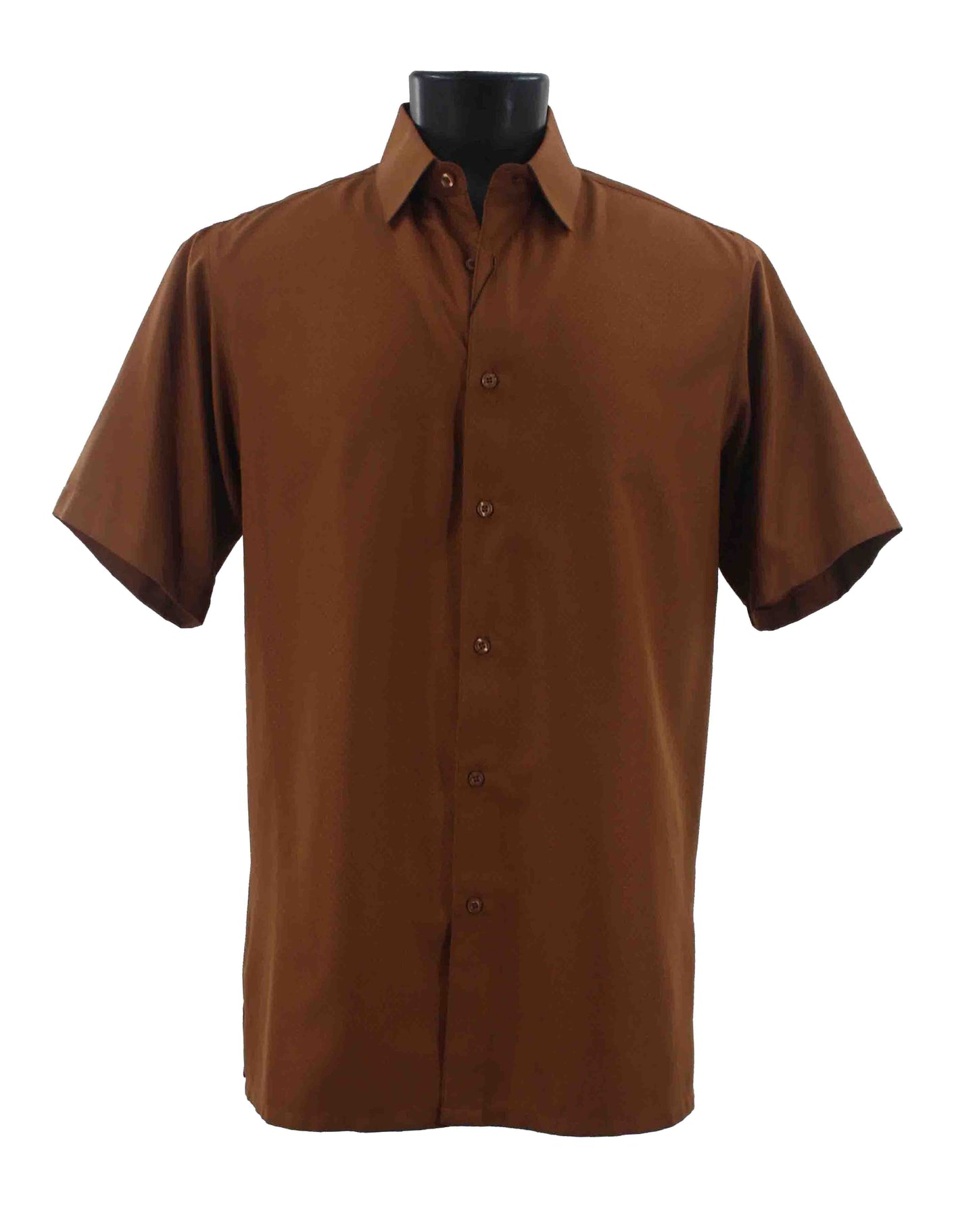Displayed on a mannequin torso against a white background is the Bassiri Short Sleeve Shirt B2026 Cognac, featuring a regular fit with short sleeves and button-up design.