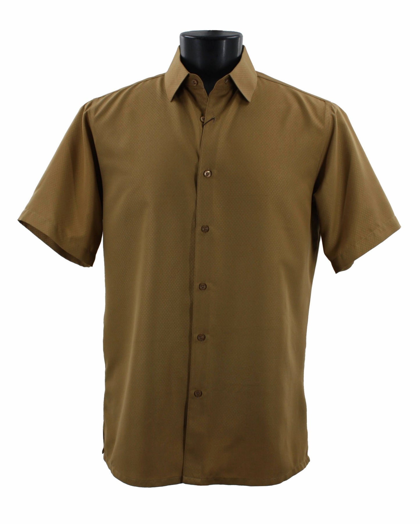 The "Bassiri Short Sleeve Shirt B2026 Gold" on a black mannequin epitomizes classic menswear style, showcasing a comfortable regular fit perfect for any fashion-forward wardrobe.