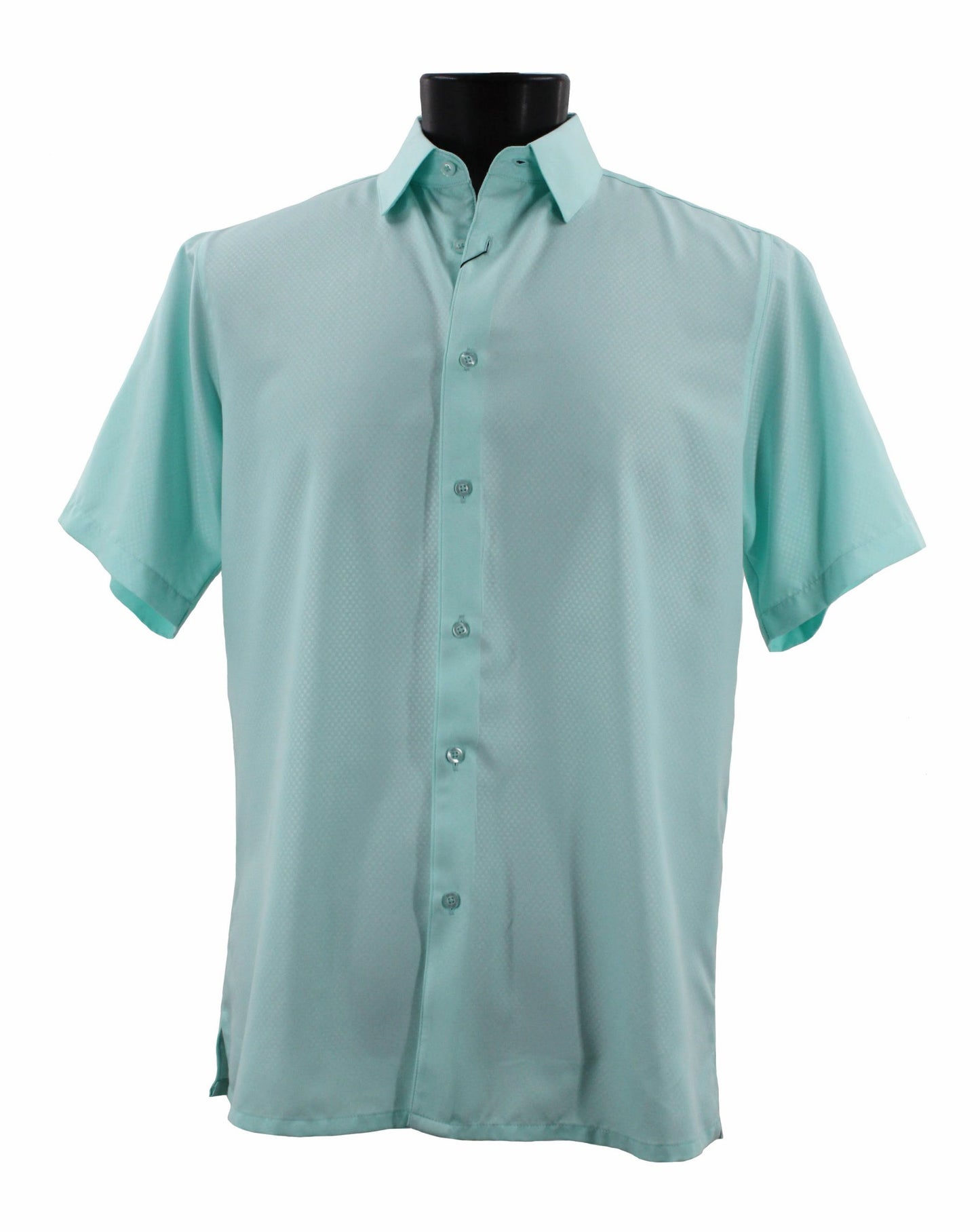 The Bassiri Short Sleeve Shirt B2026 Sea Green, featuring a regular fit and short sleeves, is displayed on a black mannequin stand against a pristine white background.