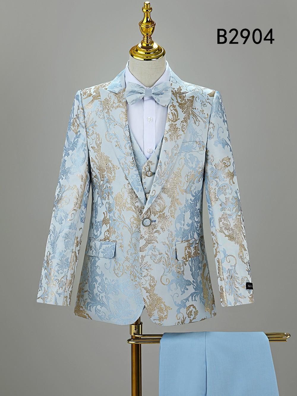 BOY SUIT 5-PC SET B2904 by Unique Design Menswear features a light blue and gold pattern, includes matching vest, white shirt, bow tie, and trousers on a mannequin. Ideal boys' formal wear. "B2904" appears in the top right corner.