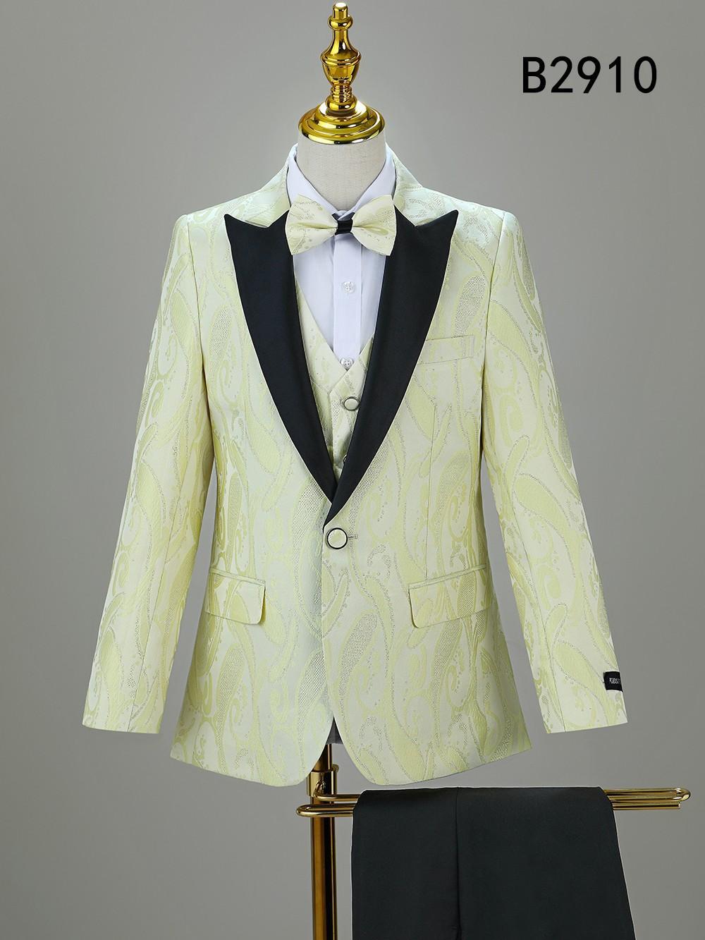 The Unique Design Menswear BOY SUIT 5-PC SET B2910, a cream and black ensemble with matching vest and bow tie, is displayed on a mannequin against a gray background, with code B2910 at the top right.