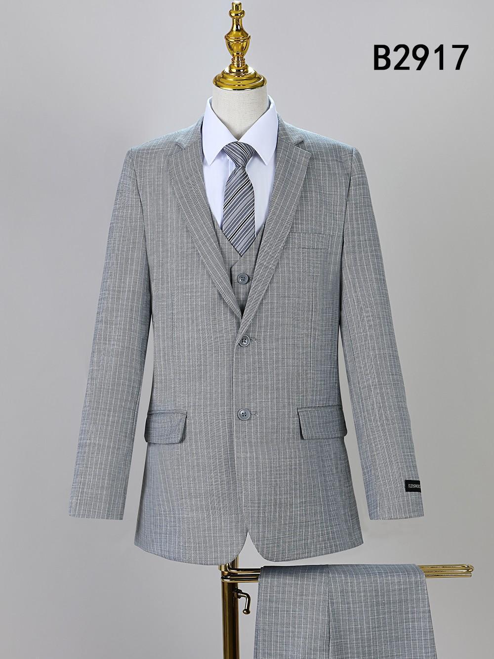 A BOY SUIT 5-PC SET B2917 by Unique Design Menswear is shown on a mannequin, featuring light gray pinstripes and matching trousers. The product code "B2917" appears in the top right corner.