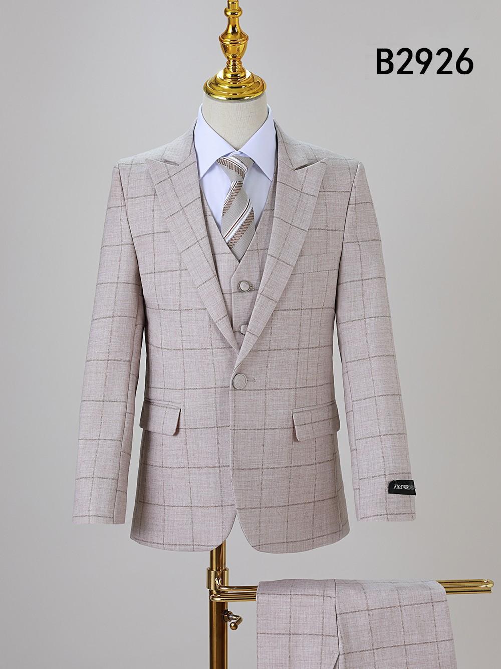 The BOY SUIT 5-PC SET B2926 by Unique Design Menswear, shown on a mannequin with jacket, vest, matching pants, white shirt, and striped tie. Model number B2926 featured.