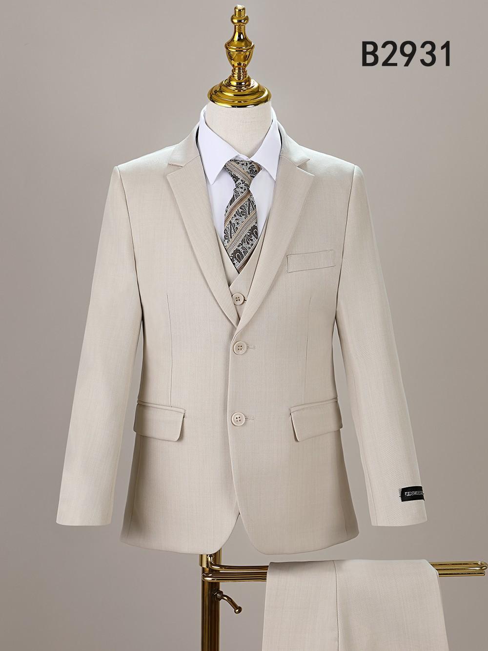 The Unique Design Menswear BOY SUIT 5-PC SET B2931 in beige is displayed on a mannequin, featuring a jacket, vest, pants, white dress shirt, and patterned tie. Model number B2931 appears in the top right.