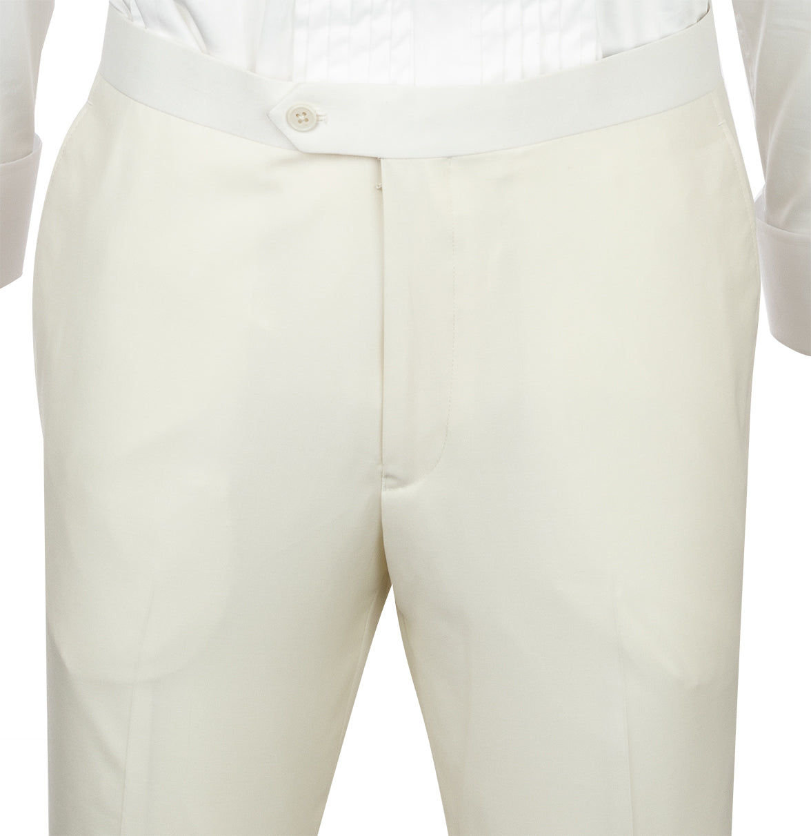 The Tiglio Luxe Beckham Modern Fit Off White Pure Wool Tuxedo from Tiglio Luxe, featuring satin lapels and crafted from luxury Italian fabric, is paired with a white dress shirt, a pink velvet bow tie, and a matching pink pocket square—all presented on a headless mannequin.