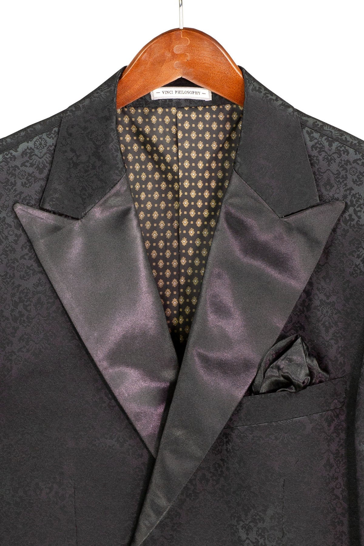 Regular Fit Black Floral Jacquard Peak Lapel Blazer BF-9 by Vinci Suits, styled with a white shirt, black bow tie, and pocket square—shown on a mannequin against a white background.