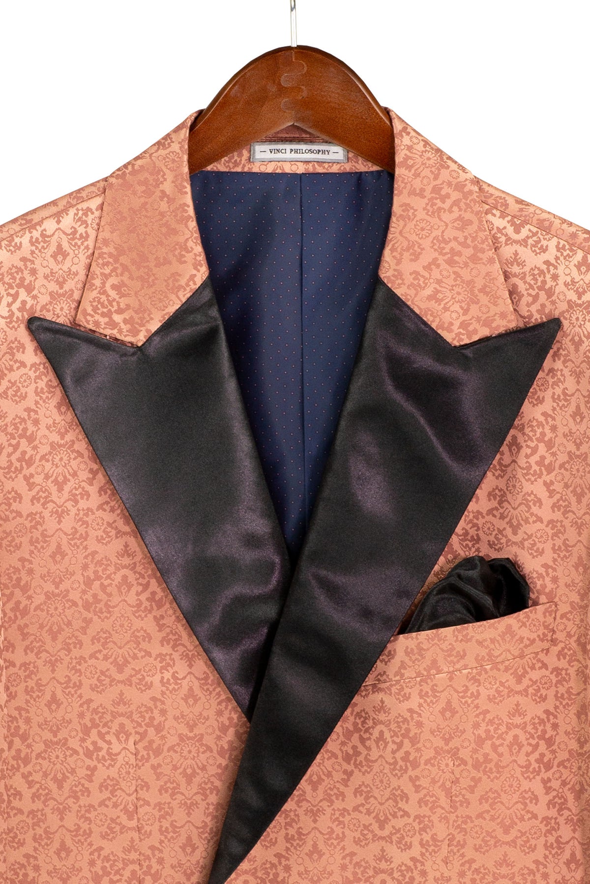 A mannequin showcases the Vinci Suits Regular Fit Clay Floral Jacquard Peak Lapel Blazer BF-9 with black pants, a matching bow tie, and a white dress shirt.