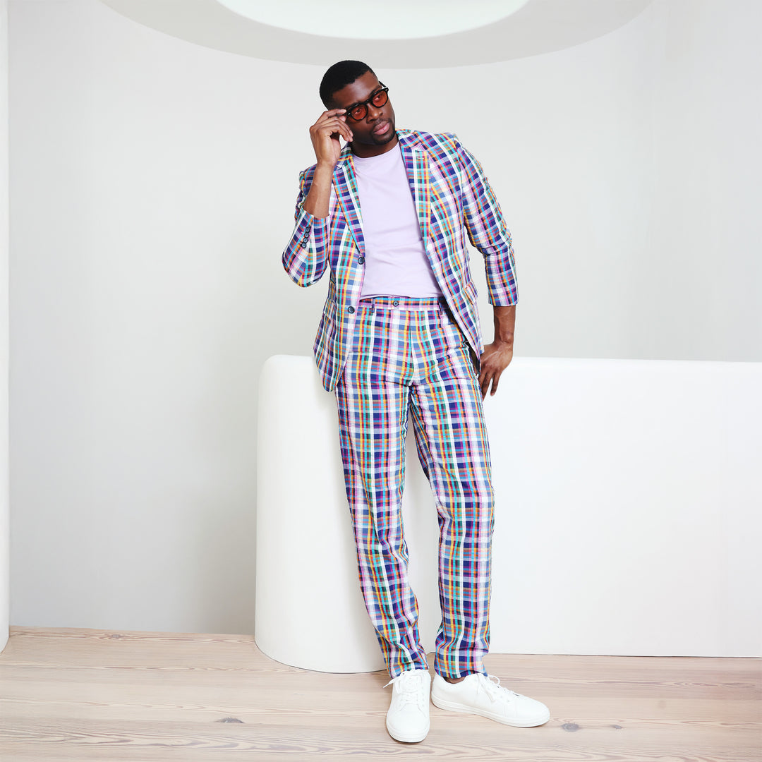 A person is wearing the Inserch Seersucker Madras Check Blazer BL276-00066 Multicolor over a white shirt with light blue pants, standing against a plain background.