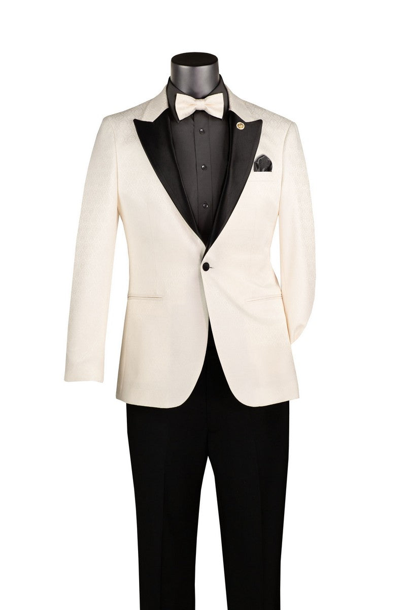 Mannequin in Vinci Suits Slim Fit Off White Fancy Jacquard Fabric 1 Button with Matching Bow Tie Blazer BSF-20, black shirt and pants, pocket square, on a plain background.