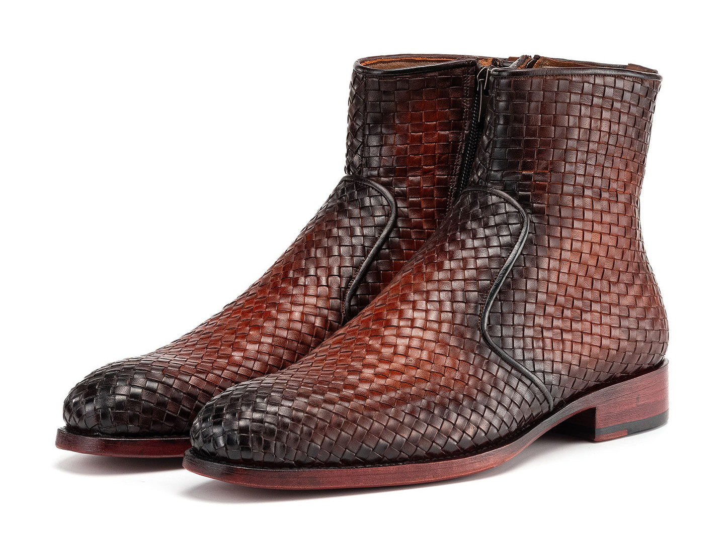 Paul Parkman Brown Burnished Woven Leather Zipper Boots (BT269BRW) feature stylish side zippers and red-brown soles—ideal men's boots for any occasion.
