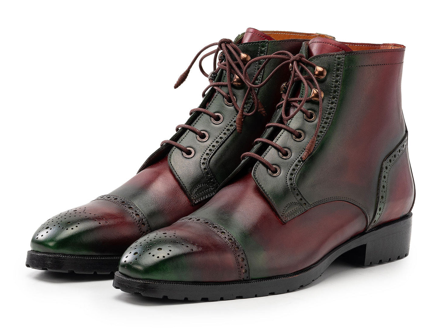 Paul Parkman Green & Brown Hand-Painted Cap Toe Boots (BT9566-BRG) for men, featuring brogue detailing, black soles, and brown laces—one boot upright and the other leaning against it.