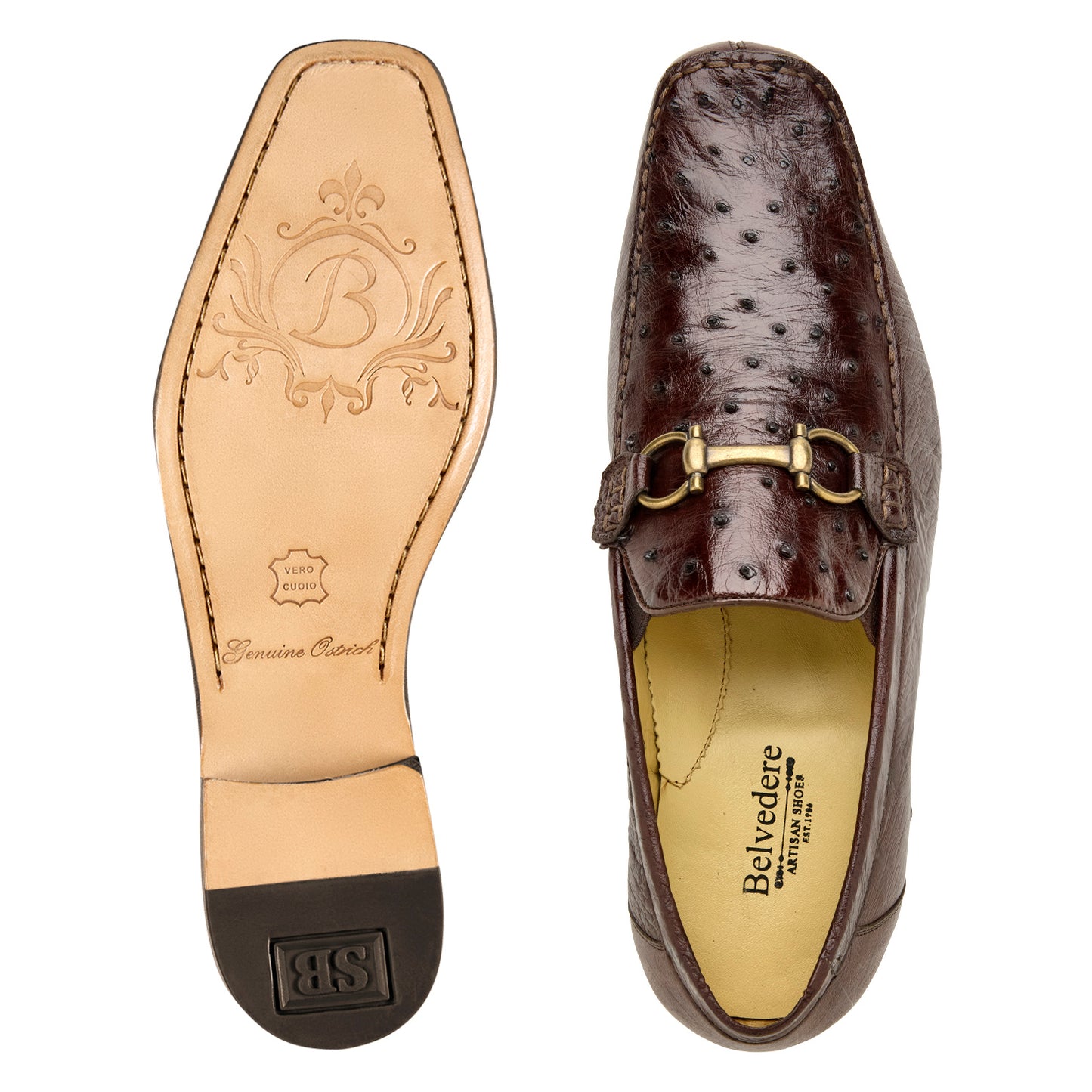 The BELVEDERE Bartolo Genuine Ostrich Dress Shoe in brown (1026OB) features a textured upper, metal bit detail, low heel, and is shown in side profile.