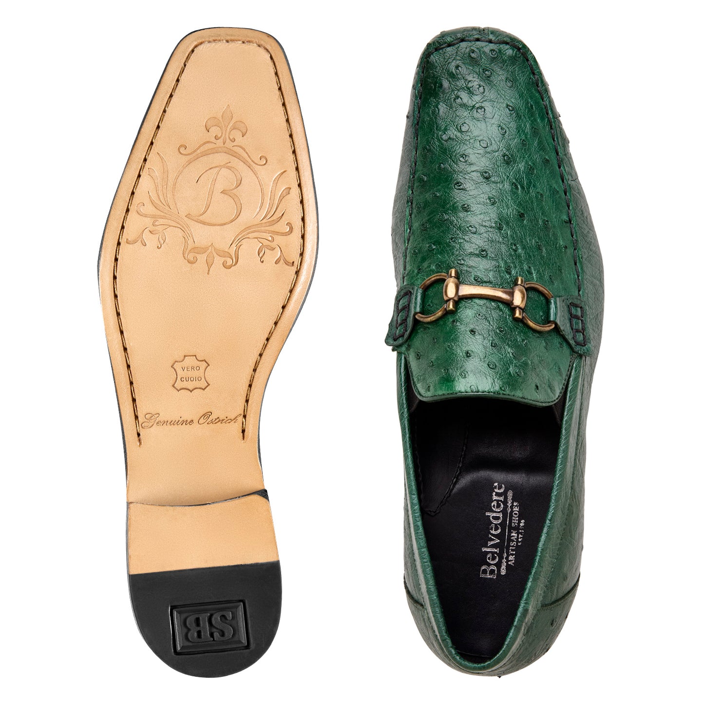 The BELVEDERE Bartolo Genuine Ostrich Dress Shoe in Forest features a green ostrich leather upper, gold buckle detail, textured pattern, and a low black heel, shown in a side profile.