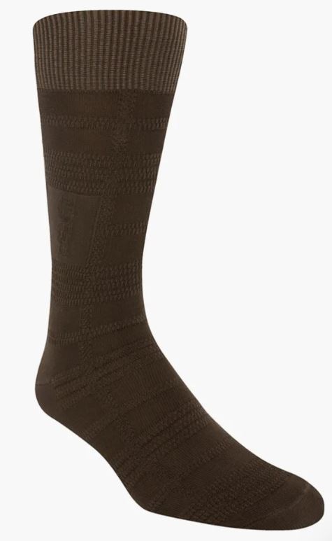 The Stacy Adams Tonal Plaid Brown Dress Sock by ORIGINS, designed for men in sizes 8-13, showcases a ribbed cuff and textured pattern against a plain backdrop.