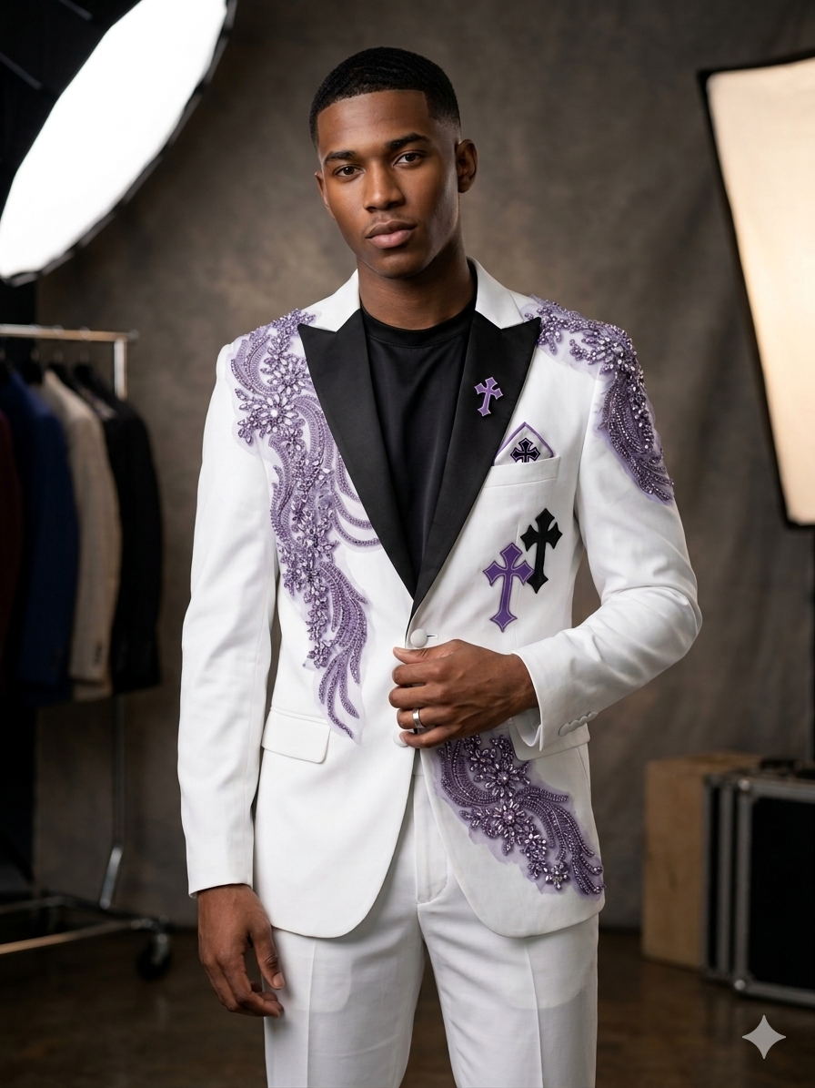 A man poses in a studio wearing the Unique Design Menswear Custom prom suit in white and purple, with black lapels. Clothing racks and studio lights appear in the background, emphasizing the artistry of custom tailoring.