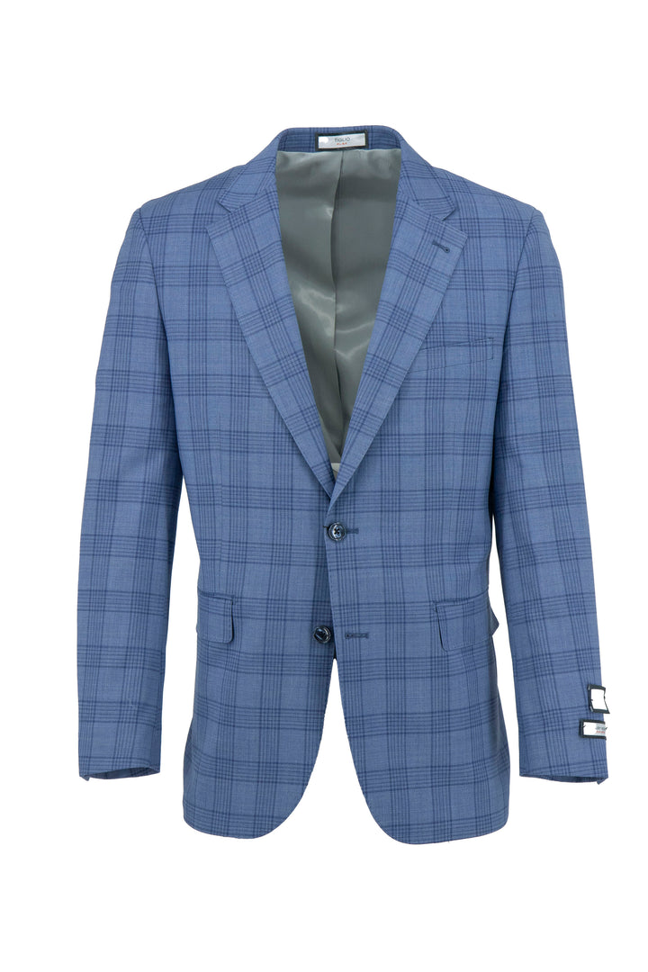 The Tiglio Flex Blue with Navy Windowpane Capri Jacket, a wool stretch contemporary fit blazer (WS8501), features a notched lapel and two buttons in Italian style, displayed on a plain white background.