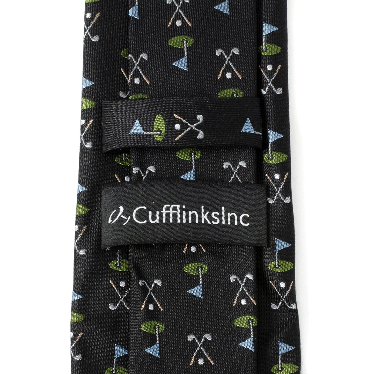 The Golf Course Black Silk Men's Tie by Cufflinks.com features small golf flags, greens, and crossed clubs in blue, green, and white—a stylish accessory for any golf enthusiast.