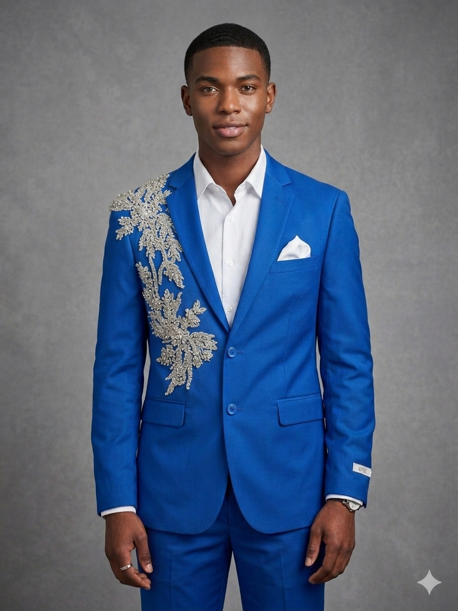 A man wears the Unique Design Menswear Custom prom suit, royal and clear, featuring a bright blue tailored fit with silver floral embellishment on one shoulder, standing before a plain gray background.