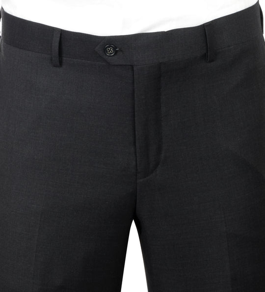 A mannequin showcases the CANALETTO PORTO Slim Fit, Charcoal Gray Pure Wool Suit by REDA Cloth CRS901, paired with a white shirt, black patterned tie, and light blue pocket square—an elegant example of luxury menswear.