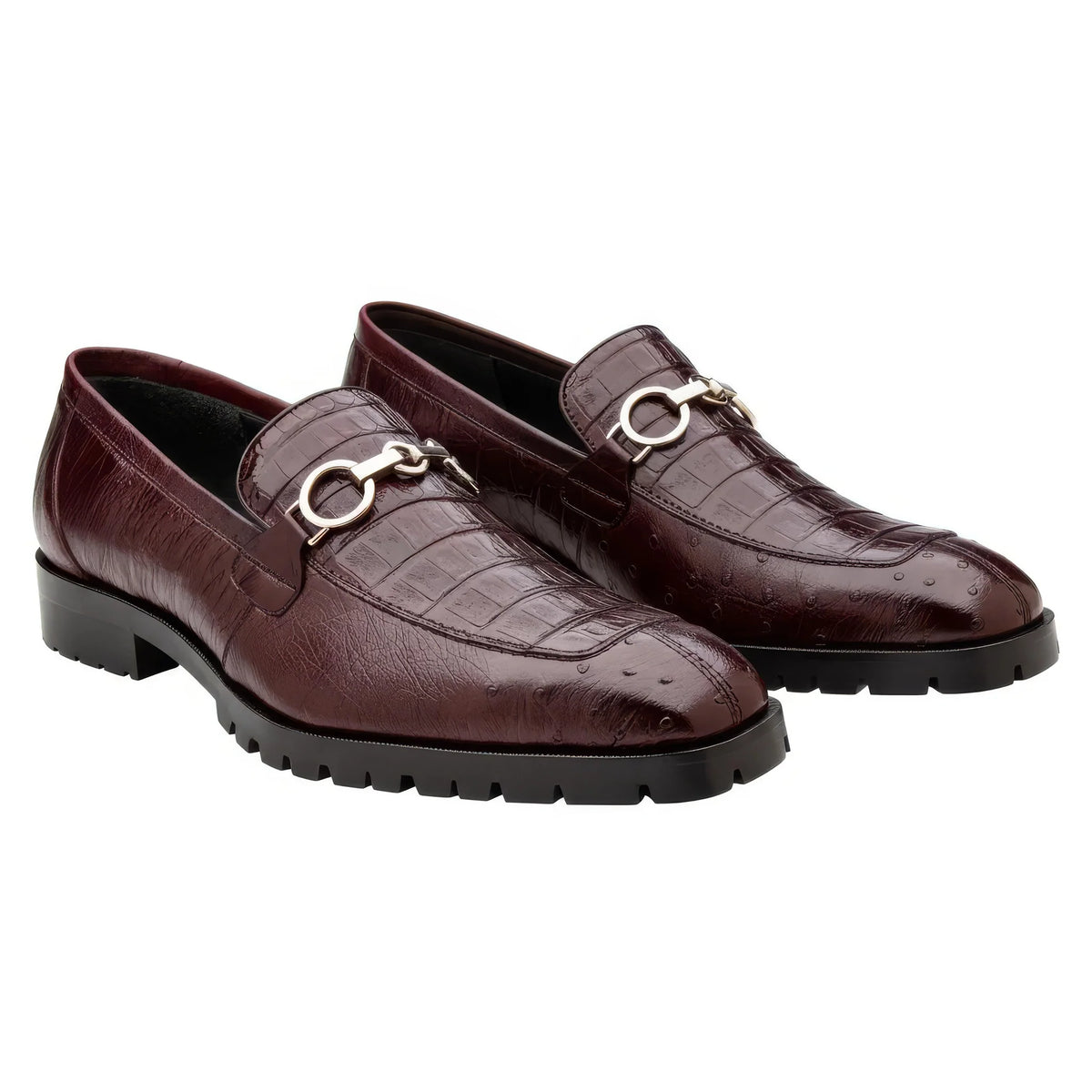 Burgundy textured Belvedere - Corso, Genuine Caiman And Ostrich Quill Dress Shoe - Burgundy - R101 loafer with a metal bit ornament and a thick, lugged rubber sole.