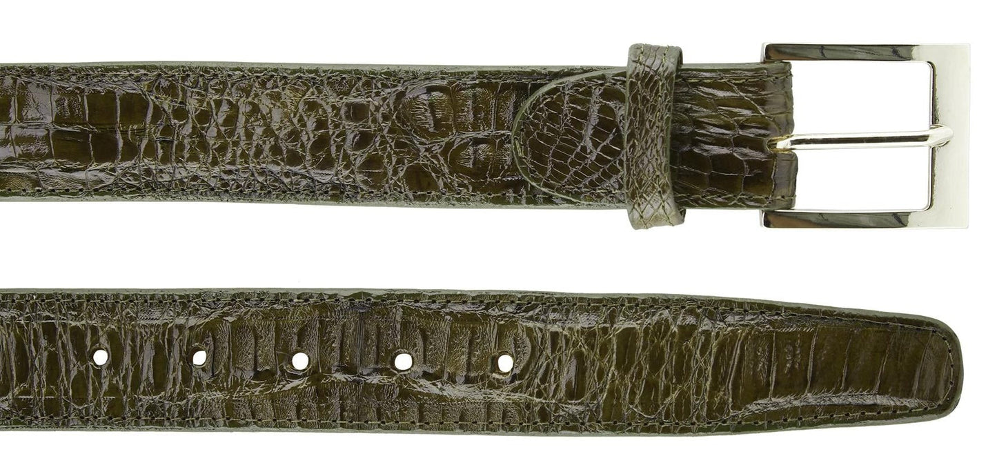 The BELVEDERE Belvedere Caiman Belt Olive 1999 is a size 44 adjustable green caiman leather belt with a silver rectangular buckle, textured pattern, and multiple adjustment holes.