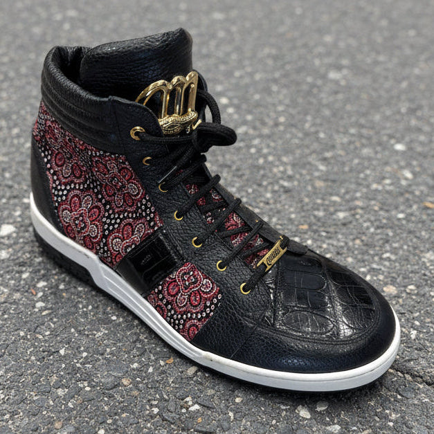 The Mauri 8411 Boots, custom made in Italy and available in sizes 9 and 10.5 only, feature black high-top crocodile leather, red and white floral panels, gold lace accents, and a patent leather finish—shown on a textured pavement.
