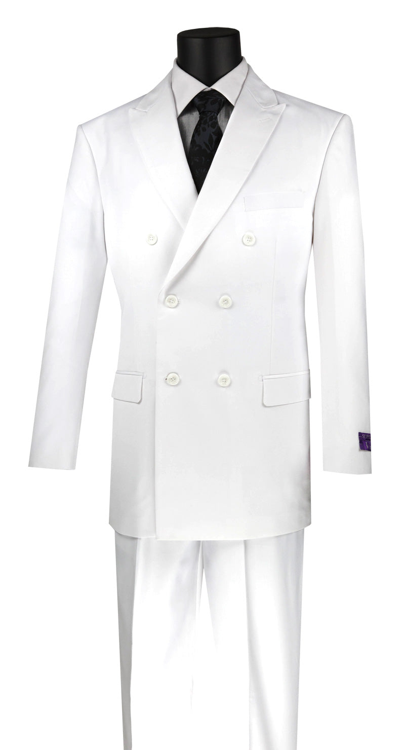 Displayed on a mannequin is the Vinci Suits Regular Fit Double Breasted 2 Piece Suit (White F-DC900) featuring notched lapels, paired with a black dress shirt and patterned tie.