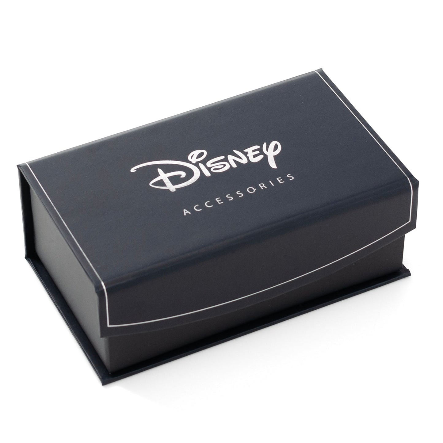 The Disney Mickey Mouse Silhouette 5-Stud Set by Cufflinks.com features silver and black cufflinks and shirt studs shaped like Mickey Mouse, arranged in rows on a white background.