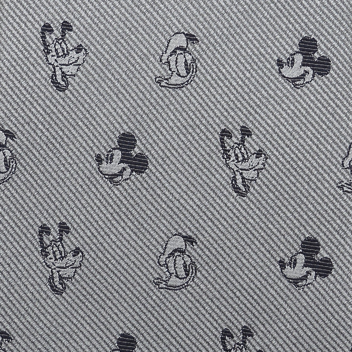 The Disney Mickey and Friends Gray Men's Tie by Cufflinks.com is a silk tie featuring a repeating pattern of small, dark cartoon Mickey Mouse faces.