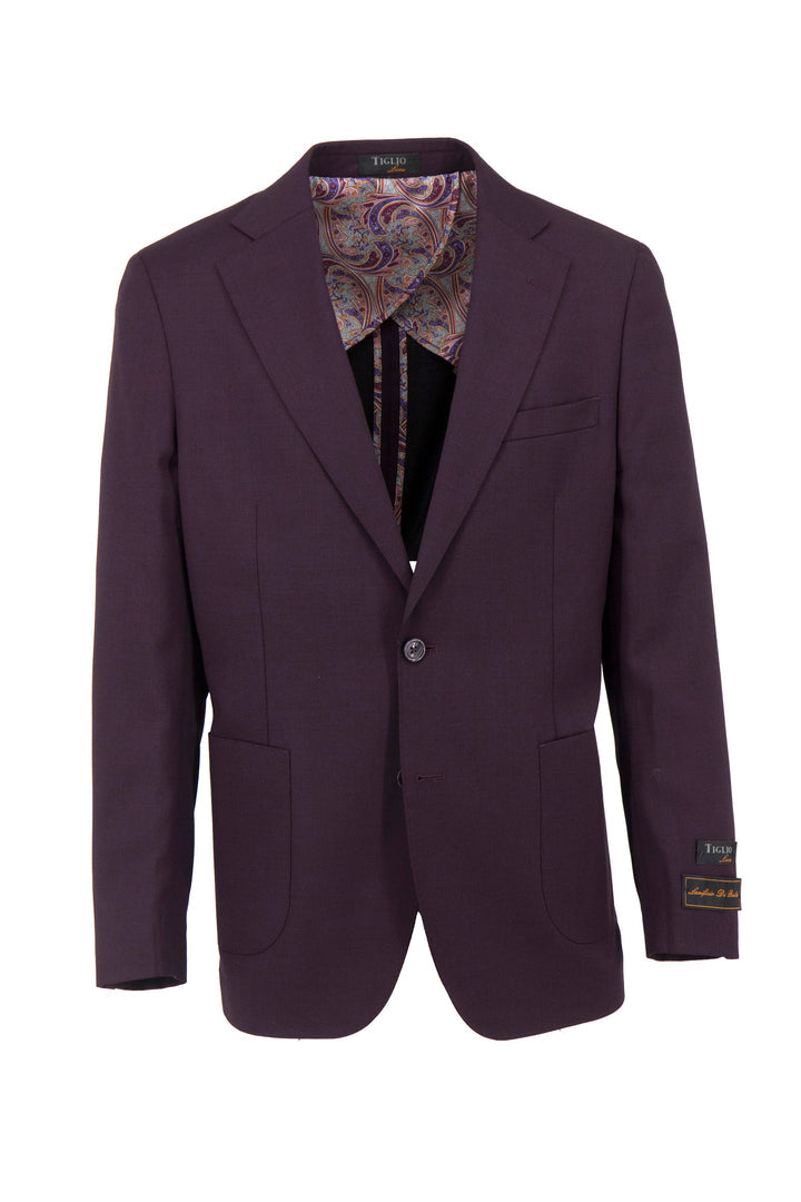 The Tiglio Luxe Plum Dolcetto half-lined pure wool jacket (TL5591) in dark purple features a paisley patterned lining, two buttons, and three exterior pockets.