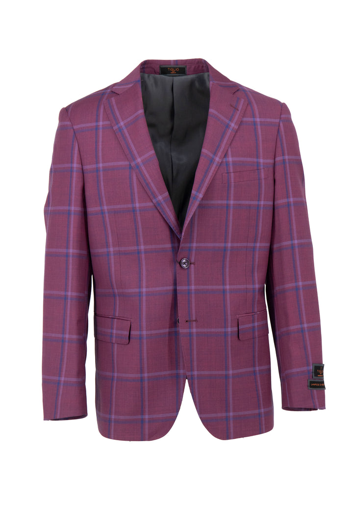 The Tiglio Luxe Boysenberry with Blue Windowpane Dolcetto Modern Fit Pure Wool Jacket TL6334 is a premium Italian-crafted blazer featuring a single button, two front flap pockets, and a black inner lining.