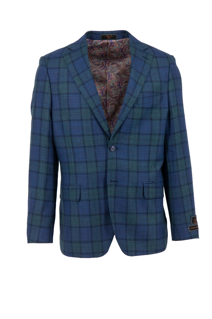 The Tiglio Luxe Dolcetto modern fit jacket (TL7516) is a navy and green windowpane design crafted from pure wool, featuring two buttons, front pockets, and a paisley-patterned lining.