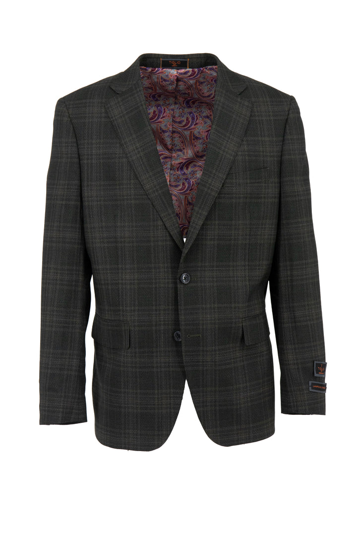 The Tiglio Luxe Thyme Green Dolcetto Modern Fit Pure Wool Jacket TL7526 features a dark green windowpane design with a paisley lining, European styling, and two-button front. Notched lapels enhance this Italian-inspired piece's sophistication.