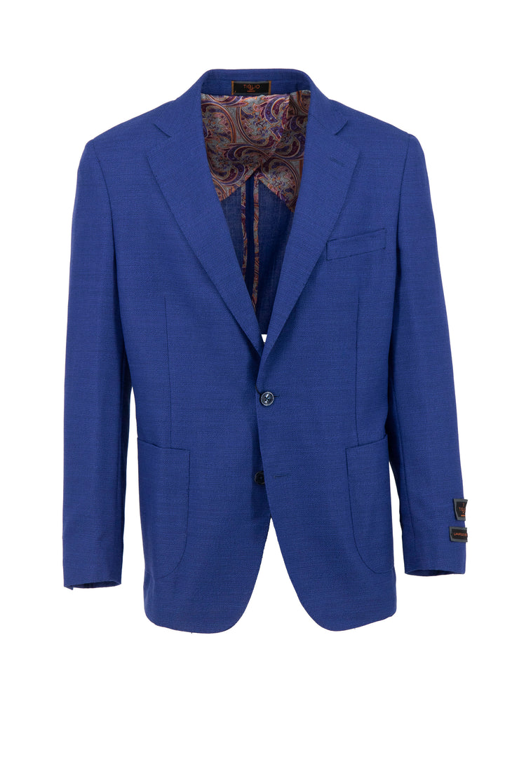 The Tiglio Luxe Royal Blue Jacket TL7541 is a modern fit, single-breasted design crafted from luxurious Italian pure wool. It features a paisley-patterned half lining, two front pockets, and button accents on the cuffs, exemplifying refined men's clothing.