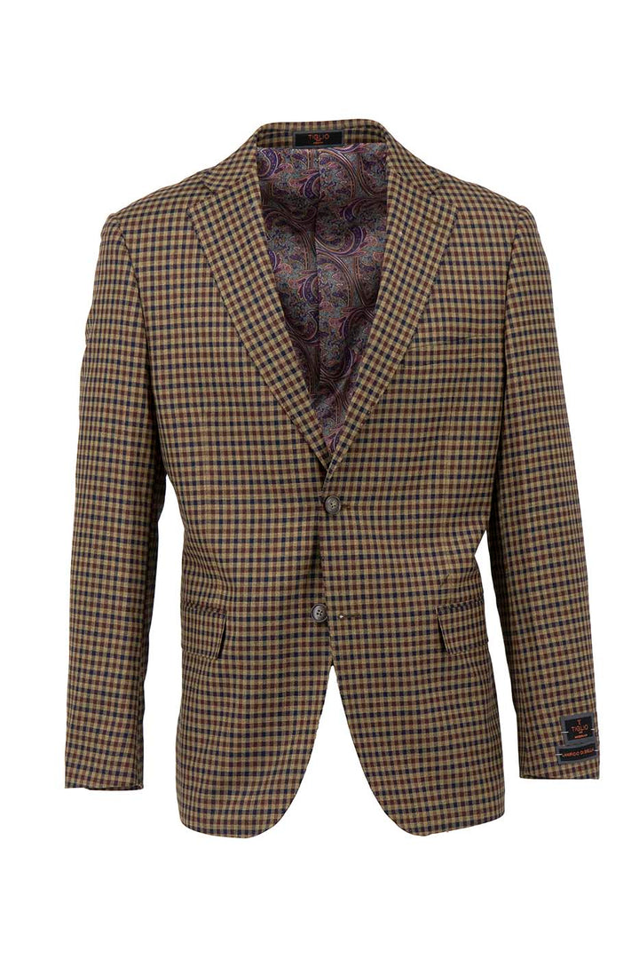 The Tiglio Luxe Camel with Navy Check Dolcetto Modern Fit Pure Wool Jacket TL5547, featuring two buttons and a paisley-patterned lining, epitomizes elegance in men's clothing.