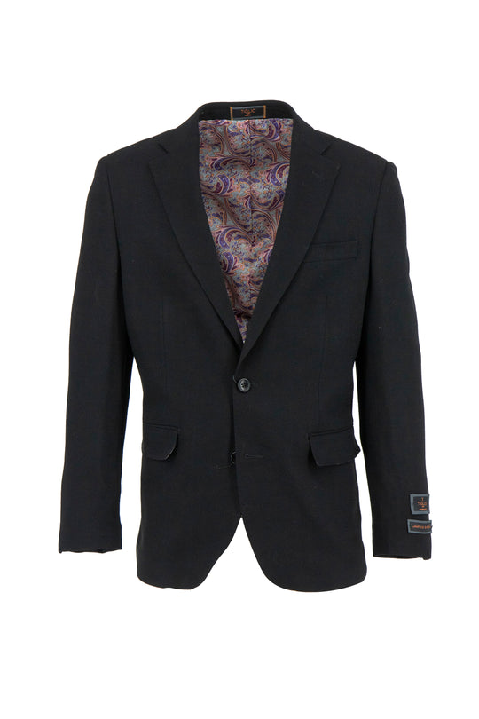 The Tiglio Luxe Black Hopsack Dolcetto Modern Fit Pure Wool Jacket TL10712/41 features a single-button closure, notched lapel, two front pockets, and paisley inner lining—highlighting tailored men's style on a white background.