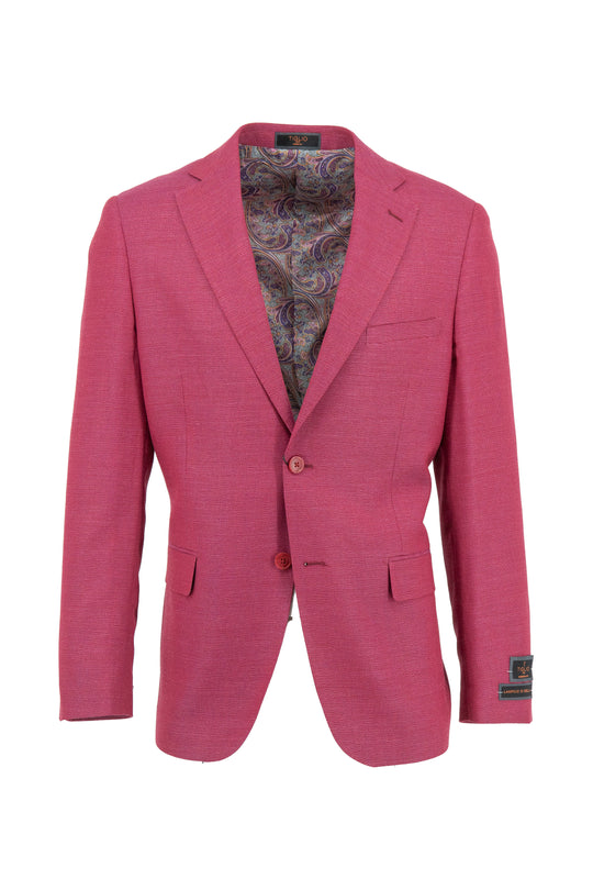 The Tiglio Luxe Raspberry Hopsack Dolcetto is a pure wool modern-fit men's jacket featuring two buttons, a notched lapel, three front pockets, and paisley-patterned lining—a bold, Italian-inspired piece from Tiglio Luxe.